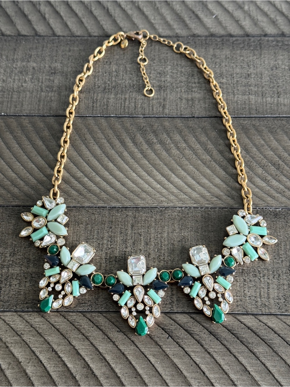 J. Crew Crystal, Mint & Emerald Statement Necklace Gold Toned Jewelry